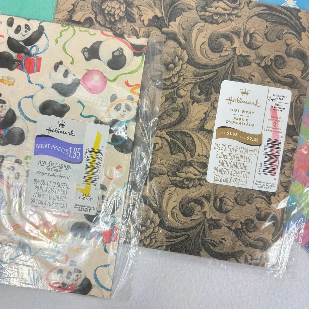 Vintage Hallmark Gift Wrap Lot 5 Packs‎ Pandas Seashells Abstract Floral Designs